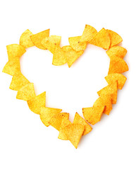 Naklejka premium Delicious potato chips heart shape isolated on white