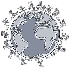 Cartoon Tourist row on the Globe.