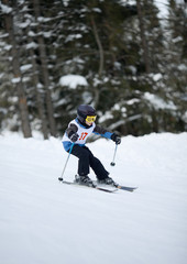 Fototapeta na wymiar Little skier doing slalom