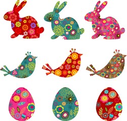 Patterned bunnies, birds and eggs