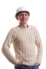 Workman in helmet on white background