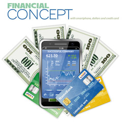 Financial Concept with Touchphone, Dollar Bills and Credit Cards