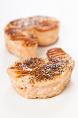 skewer of grilled seasoned salmon