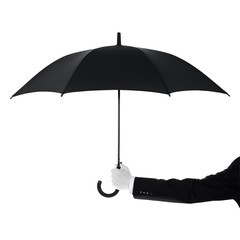Well dressed man protecting Your text with an umbrella