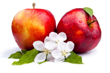 Two Juicy Red Apple and flowers on a white background