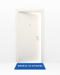 The white door and blue rug.