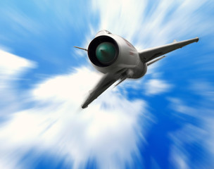 Naklejka na ściany i meble Wojskowy samolot, myśliwiec odrzutowy i błękitne niebo