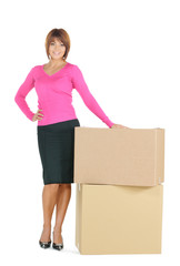 attractive businesswoman with big boxes