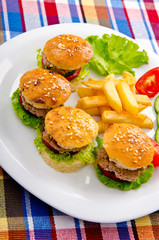 Burgers with french fries in plate