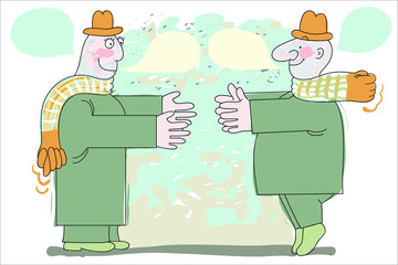 Two men pretend to be happy with each other