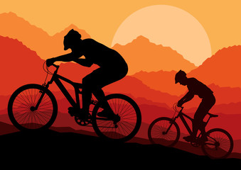Obraz premium Mountain bike bicycle riders in wild nature landscape