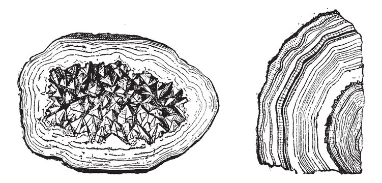 Quartz Geode and Agate vintage engraving