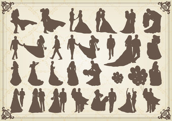 Bride and groom in wedding silhouettes illustration collection