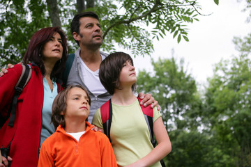 a family in the forest looking up