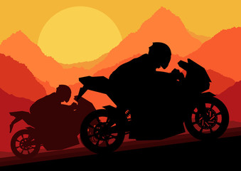 Fototapeta na wymiar Motorbike riders motorcycle silhouettes in wild mountain