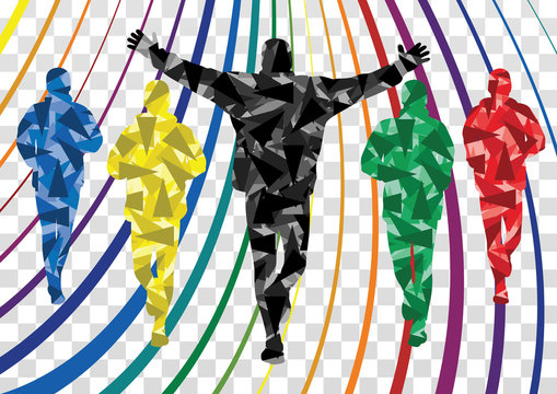 Colorful Winter Marathon Runners Silhouettes Background Vector