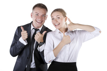 Happy smiling successful gesturing businesspeople
