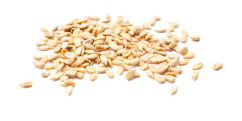 handful of claned salted sunflower seeds isolated on white backg