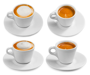 Set of cups with coffee isolated on white background.