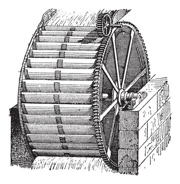 Waterwheel bucket, vintage engraving.