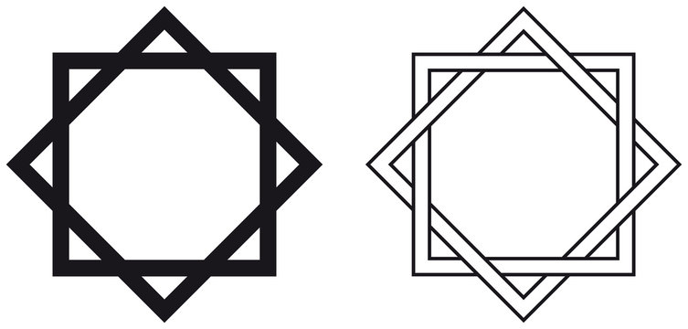 Octagram. The eight-pointed geometric star figure is the compound of two equilateral squares. The intersection is a regular octagon. Illustration on white background. Vector.