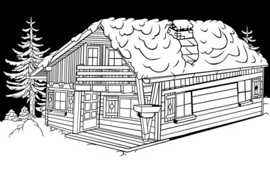 Snow Cabin - Black and White Cartoon Illustration