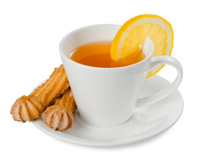 cup of tea with lemon and cookies