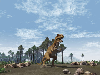 Tiranosaurio Rex en un paisaje del Cretácico