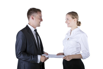 Two happy smiling cheerful business people working