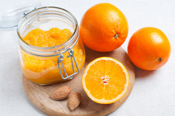 Fototapeta na wymiar orange jam and ripe oranges