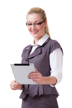 junge blonde Geschäftsfrau mit Tablet Computer