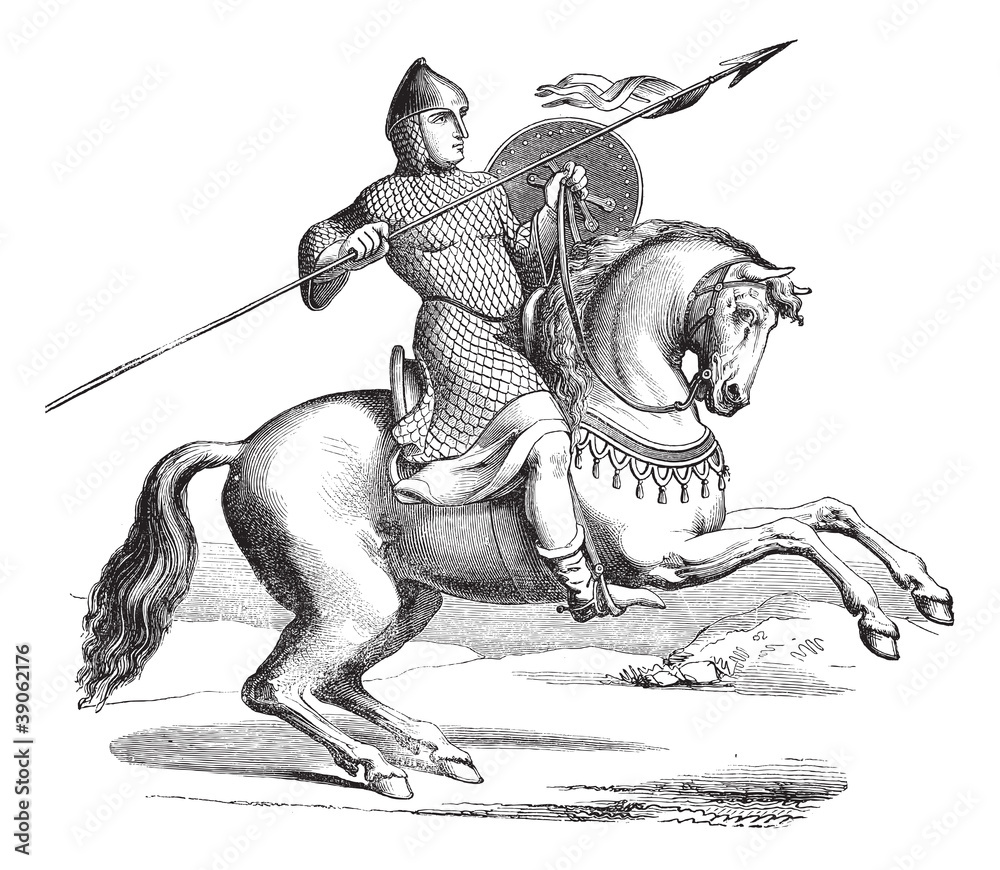 Poster Knight on a horse wearing hauberk vintage engraving