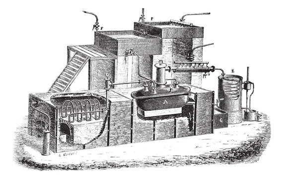 The Dutch Type Water Distillation Apparatus Vintage Engraving