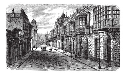 Coca and Bodegones intersection in Lima, vintage engraving.