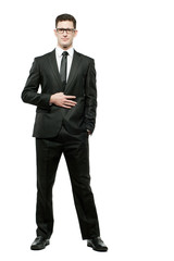 Obraz na płótnie Canvas Handsome businessman in black suit on white.
