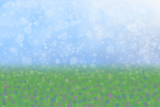 Pretty Spring Background Blue Sparkly Sky Meadow Grass Flowers