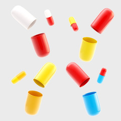 Set of four closed and opened pills isolated
