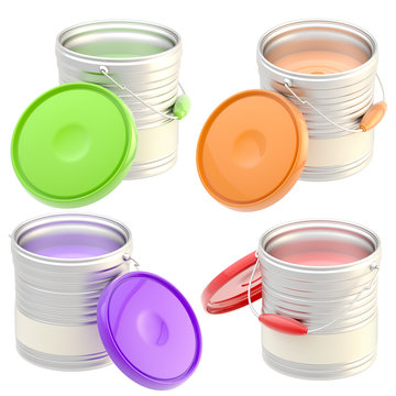 Set of four paint buckets isolated