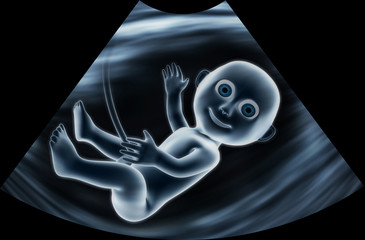 Ultrasound image of funny baby in mother's womb. 3d render