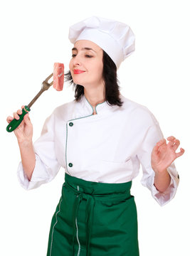 Chef Woman Smell Fresh Meat Chunk