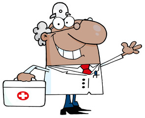 African American Male Doctor With A First Aid Kit Waving
