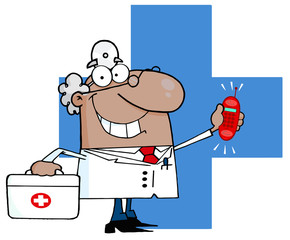African American Doctor With Phone Ringing Over A Blue Cross
