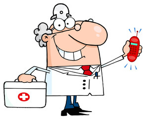 Smiling Male Doctor With A First Aid Kit And Phone Ringing