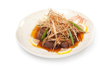 slices of fried beef, sweet and sour sauce