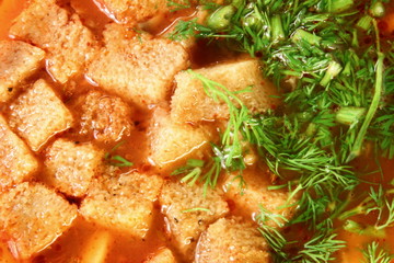 Close-up of borsch with crusts and dill