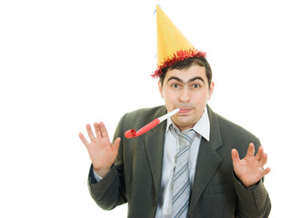 Happy businessman in the hat on a white background.