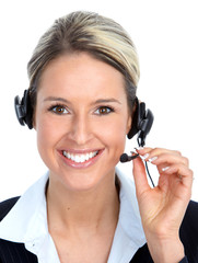 Call center operator woman with headset.