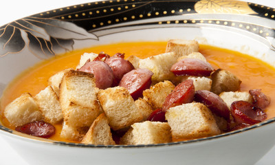 soup with sausage and croutons