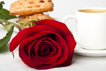 Romantic breakfast coffee with red rose