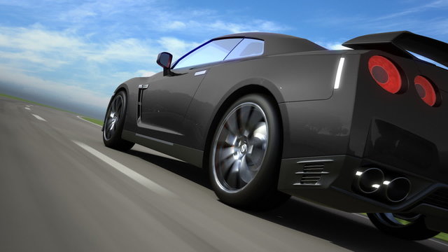 Black sport car moving on the road, loop-ready